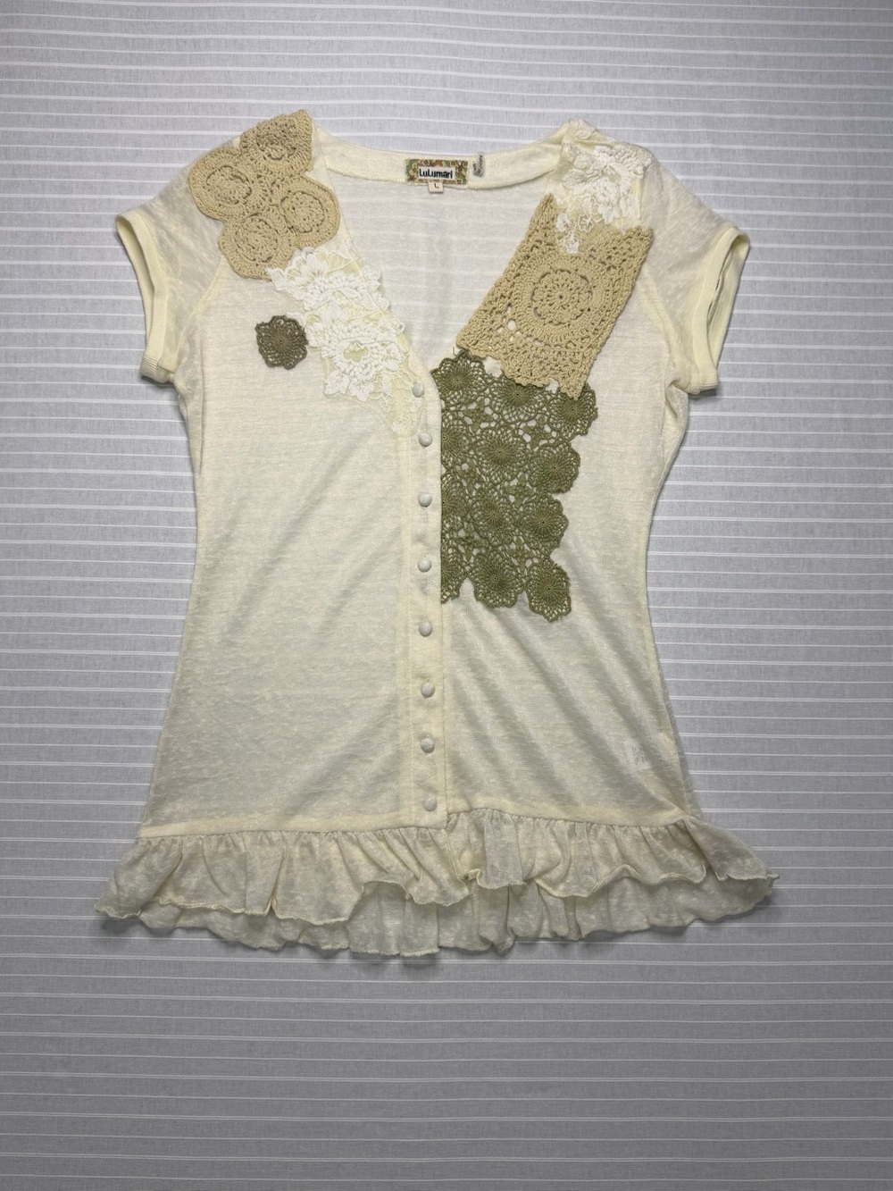 Vintage-Inspired Lulumari Crochet Lace Appliqué Ruffle Hem Sheer Boho Top L